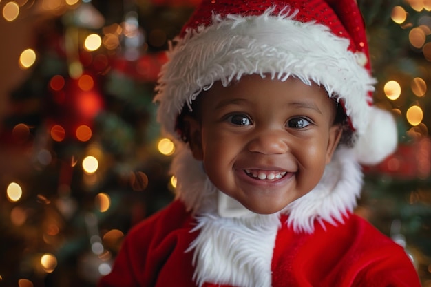 A portrait of cute toddler wearing Santa Claus hat smiling at the camera