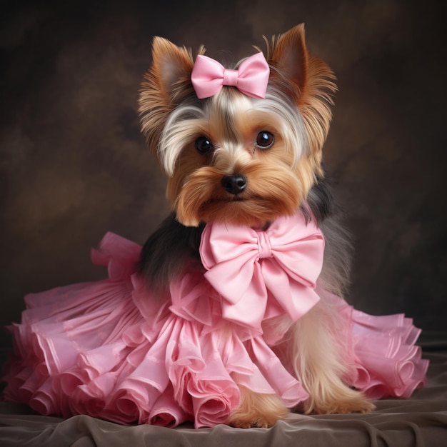 Portrait of a Cute Yorkshire Terrier in Pink Dress