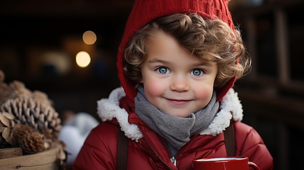 Photo portrait of a cute young boy warmly dressed for a cool winter christmas holding a cup of hot cocoa generative ai