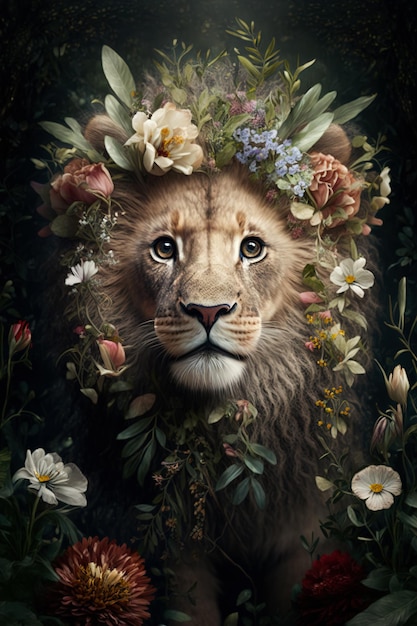 Portrait of a cute young Lion with flowers on his head sitting in the middle of the jungle Generative ai