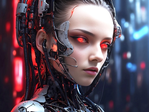 portrait of cyberpunk artificial Intelligence half person half machine wallpaper AI Generated