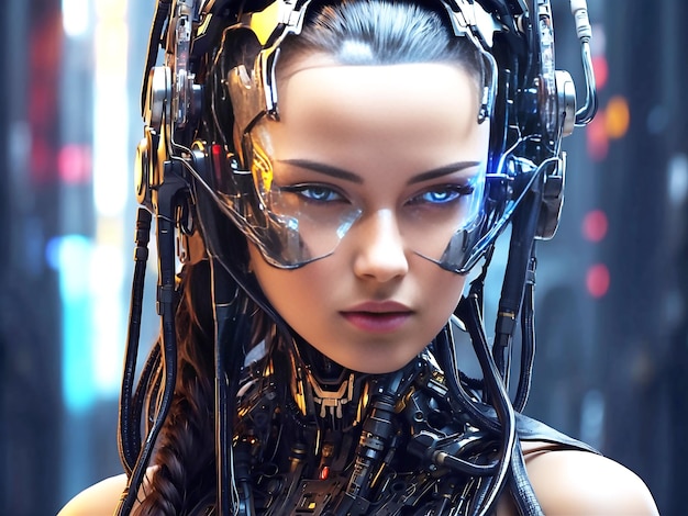 portrait of cyberpunk artificial Intelligence half person half machine wallpaper AI Generated