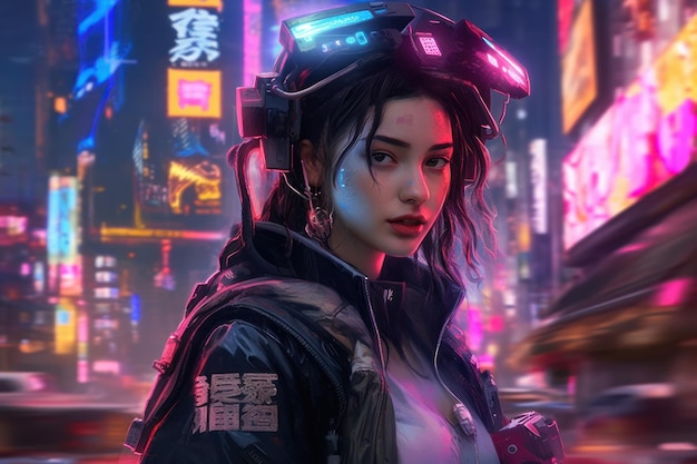 portrait of a cyberpunk girl wearing futuristic clothing and accesories standing in front of lights