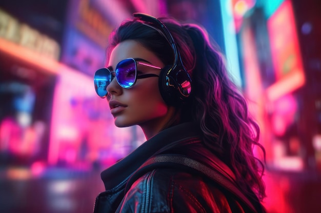 portrait of a cyberpunk girl wearing futuristic clothing and accesories standing in front of lights