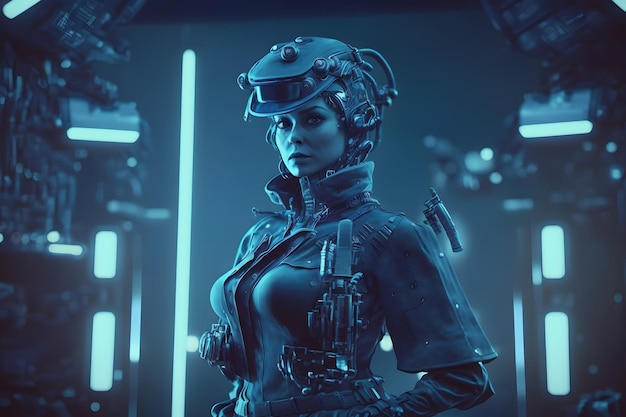 Portrait of cyberpunk warrior of the future game virtual reality future technologies neural