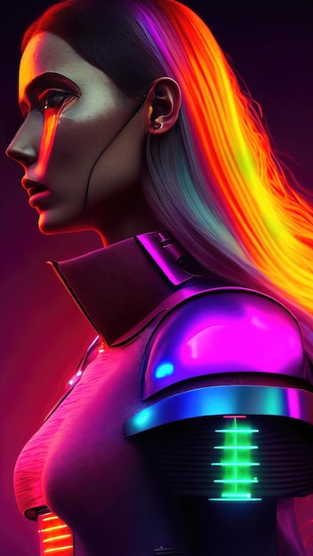 Portrait of cyborg android half human woman lady on neon light background generative art by AI