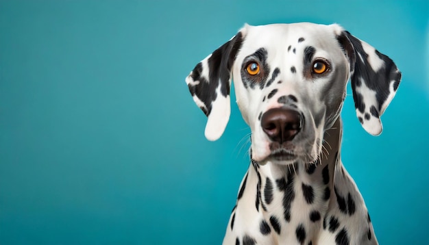 Portrait of Dalmatian dog on blue background Adorable pet