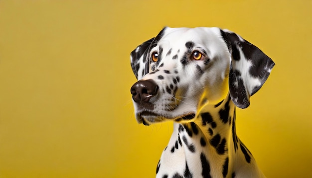 Portrait of Dalmatian dog on bright yellow background Adorable pet Canine companion