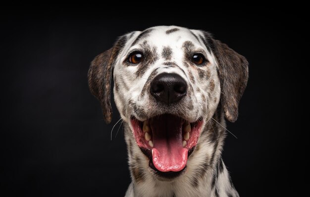 Portrait of a Dalmatian dog on an isolated black background