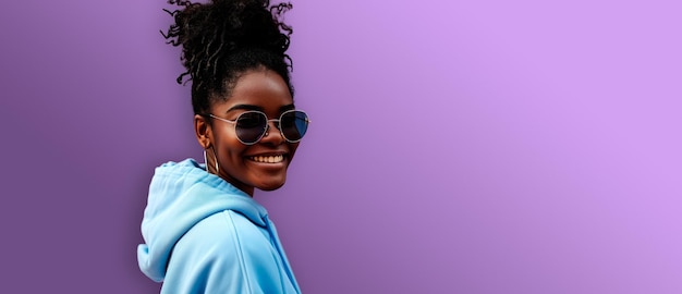 Portrait of dark skinned woman wearing sunglasses and smiling while isolated over purple background