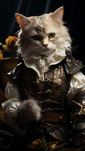 Photo portrait of dashing cat persian pirate musketeer costume plumed hat r animal arts collections