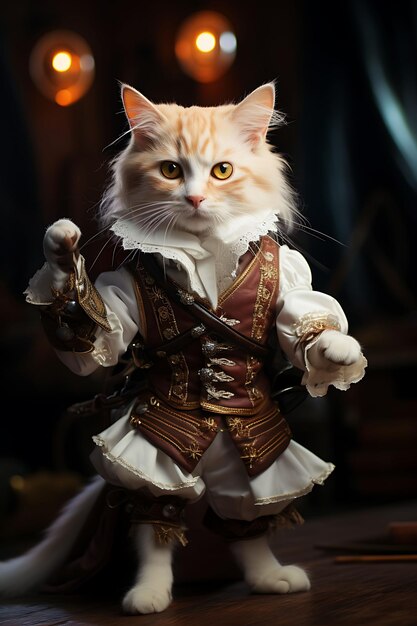 Portrait of Dashing Cat Turkish Van Pirate Musketeer Costume Feathere Animal Arts Collections