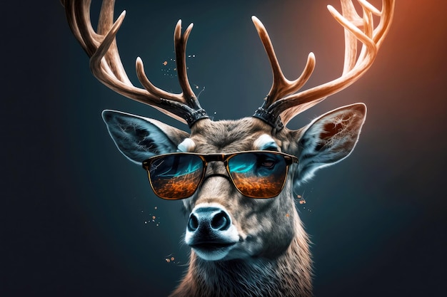 Portrait of deer with sunglasses on a dark background generative ai illustration