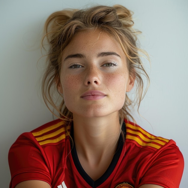 Photo portrait of a dejected belgian woman soccer fan in white studio expressing human emotions