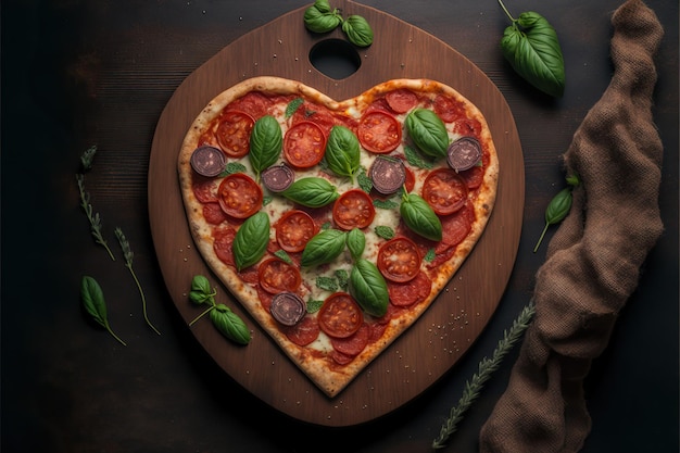 portrait delicious hot Italian Pizza heart shape on vintage background.