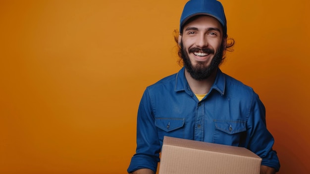 Portrait of delivery man holding cardboard parcel