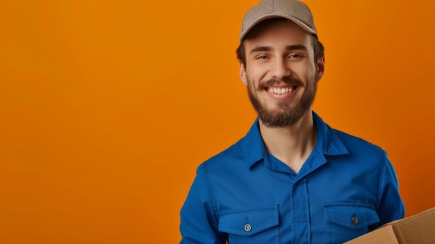 Portrait of delivery man holding cardboard parcel