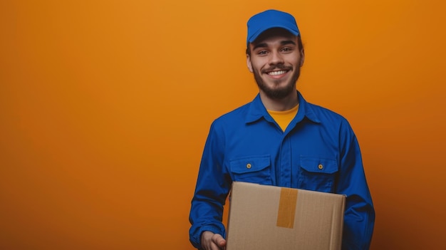 Portrait of delivery man holding cardboard parcel