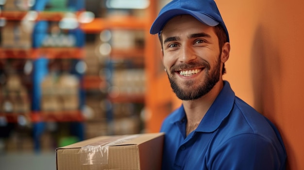 Portrait of delivery man holding cardboard parcel