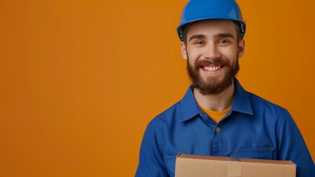 Portrait of delivery man holding cardboard parcel