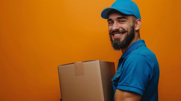 Portrait of delivery man holding cardboard parcel