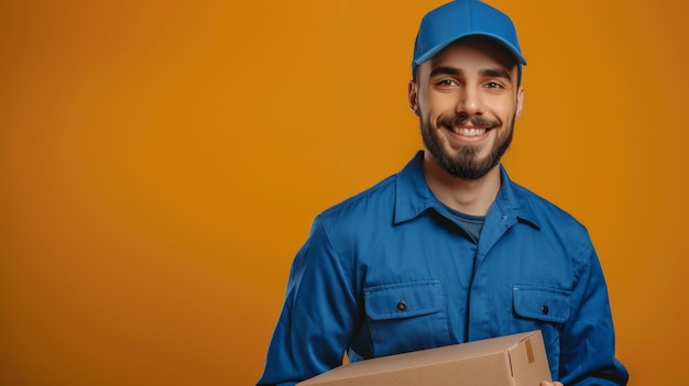 Portrait of delivery man holding cardboard parcel