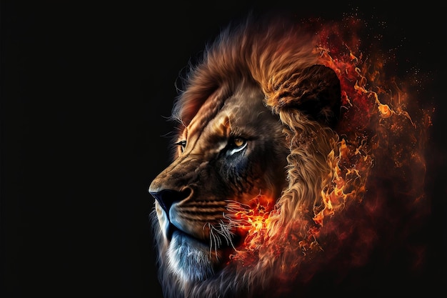 Portrait depicting the Lion King on fire on a black background digital art