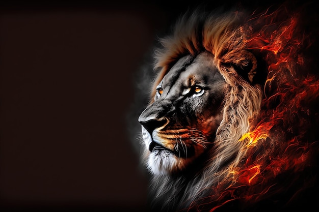 Portrait depicting the Lion King on fire on a black background digital art