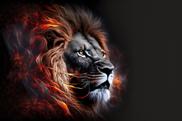 Portrait depicting the Lion King on fire on a black background digital art