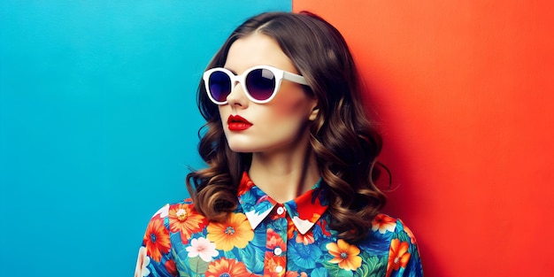 Portrait Description Woman in White Sunglasses Against Colorful Background