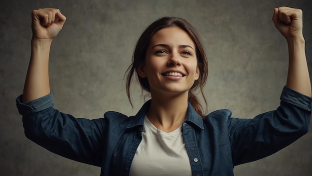 Photo portrait of determinated woman rising her arms up in the air in sign of self confidence