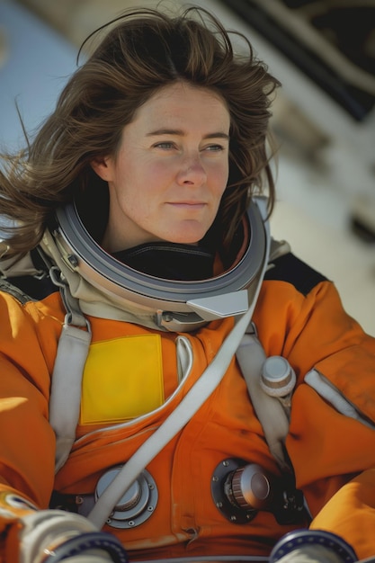 Portrait of a determined woman astronaut in an orange spacesuit with