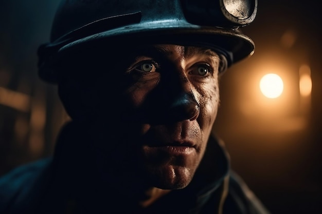 Portrait of dirty miner in helmet in a coal mine Generative AI