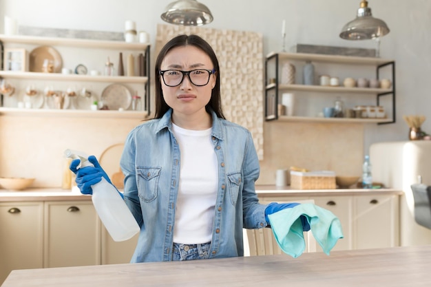 Portrait of dissatisfied young asian woman housewife in glasses looking at camera holding detergent