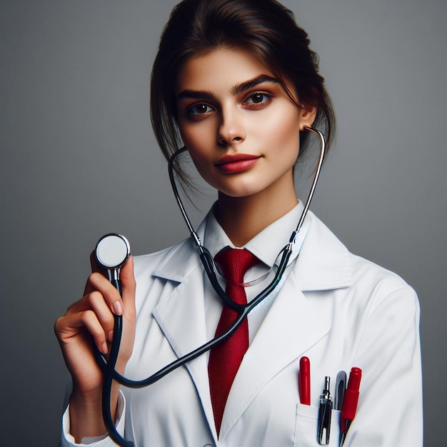 Portrait a doctor holding a stethoscope with a red tie against a grey background