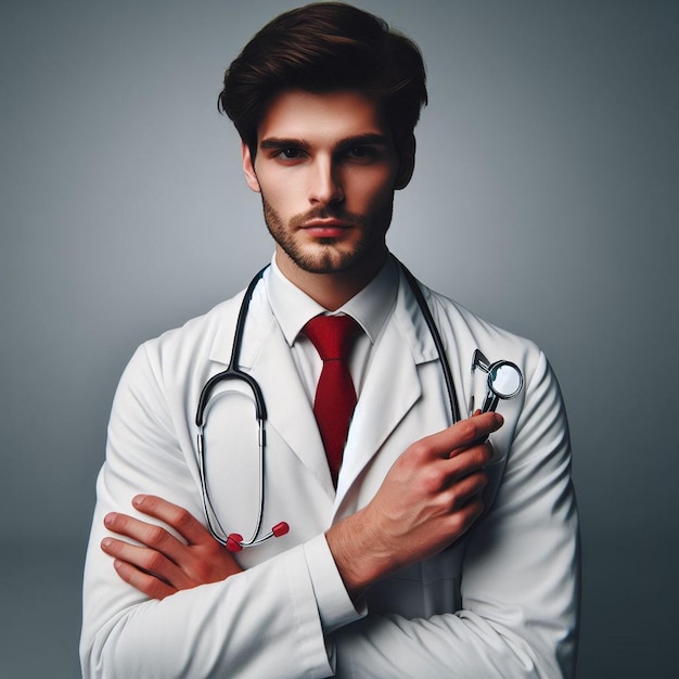 Portrait a doctor holding a stethoscope with a red tie against a grey background