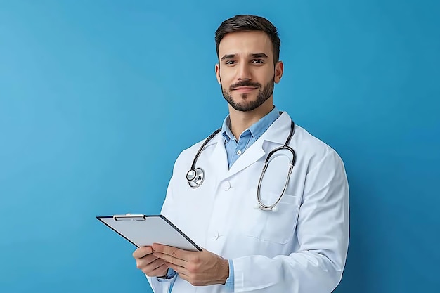 Photo portrait of a doctor professional and confident medical specialist on blue background