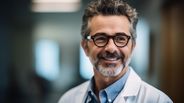 Portrait of doctor standing in corridor at hospital Doctor looking at camera