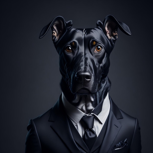 Portrait of a dog in a business suit on a dark background