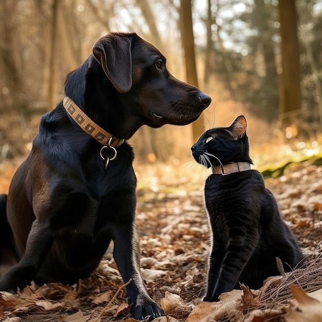 Portrait of a dog and a cat A dog and a cat look at each other with love and tenderness in a warm natural setting illustration picture Generative Ai