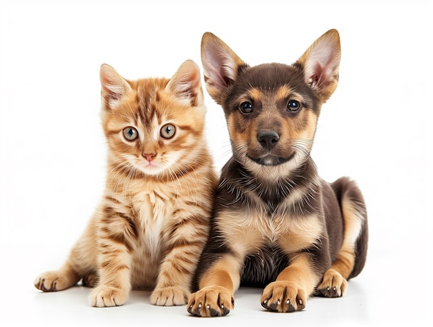 Portrait of a dog and a cat in front of isolated white background