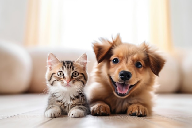 Portrait of a dog and a cat looking at the camera in front of a white background Generative AI