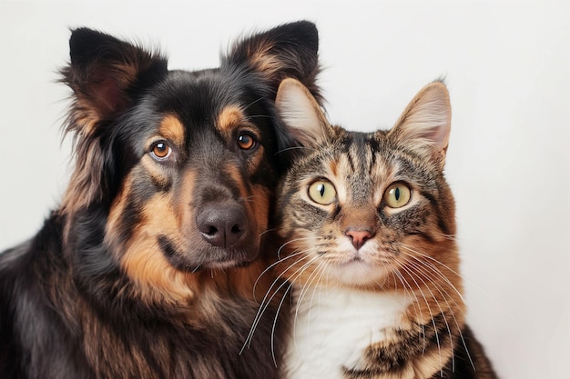 Portrait of dog and cat that looking at the camera