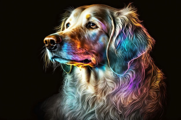 Portrait of dog in neon colors on a dark background generative ai illustration