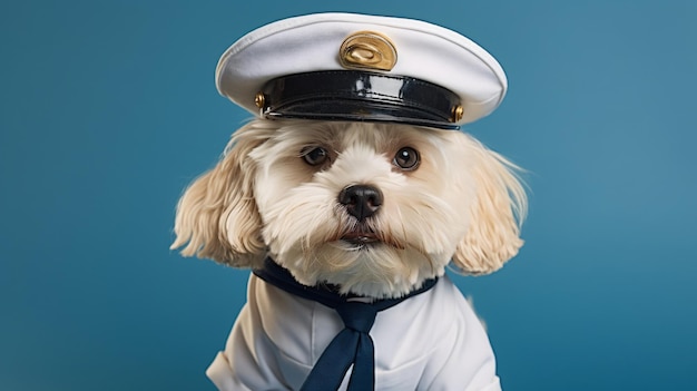 Portrait of a Dog in a Sailor Suit on a LightColored