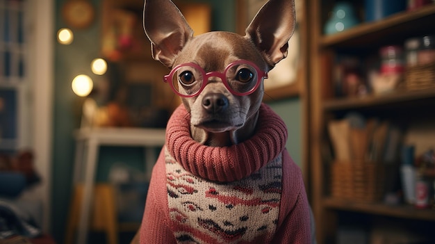 Portrait of a dog in a sweater with a mobile phone in his hands