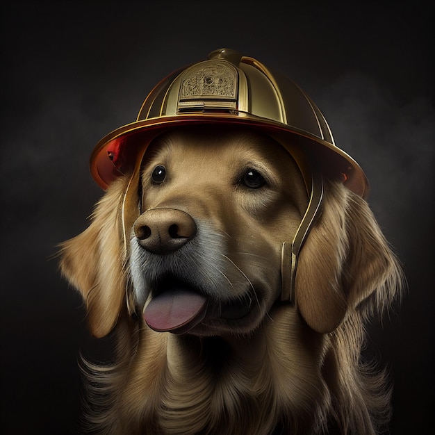 Portrait of a dog wearing helmet and firefighters generative ai