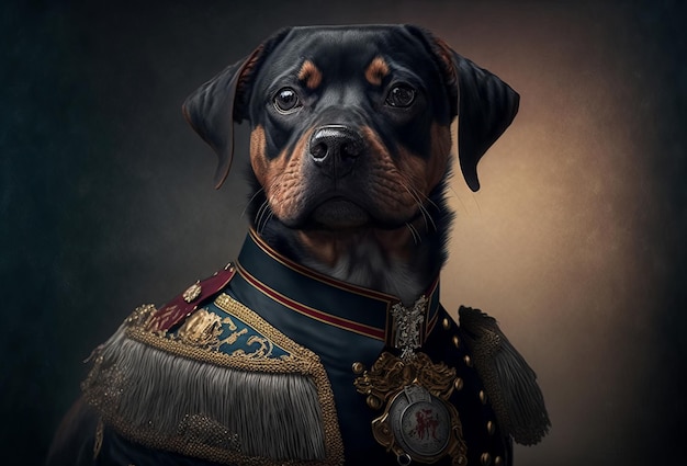 A portrait of a dog wearing historic military uniform Pet portrait in clothing Generative ai