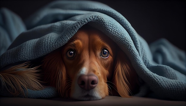 Portrait of a dog with a blanket on his head in the darkgenerative ai