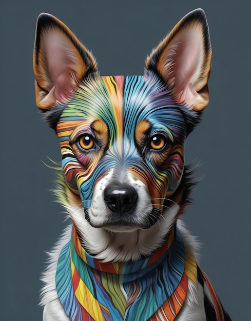 Portrait of a dog with a colorful pattern on his face